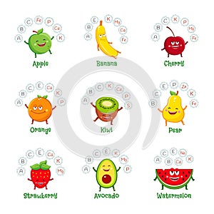 Funny fruit characters with vitamins and minerals. Healthy food icons set