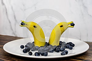 Funny fruit figure two banana dolphins with blueberries on a white plate