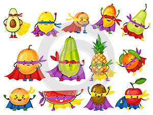 Funny fruit hero characters. Fresh orange, apple, avocado, lemon with cute faces in masks. Cartoon fruits in superhero