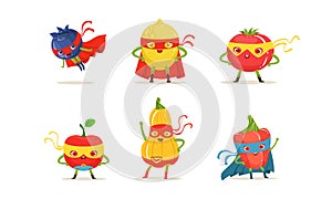 Funny Fruit and Vegetables in Superhero Cloak and Mask Vector Set