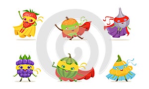 Funny Fruit and Vegetables in Superhero Cloak and Mask Vector Set