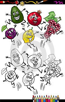 Funny fruits cartoon coloring page