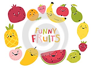 Funny fruits. Cartoon vector collection of kawaii characters. Cute faces of food. Colorful childish illustrations for