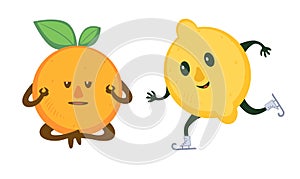 Funny fruits character doing sports, mediation