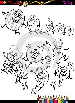 Funny fruits set cartoon coloring page