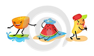 Funny Fruits Surfboarding and Sunbathing on Beach Vector Set