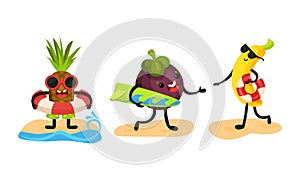 Funny Fruits Surfboarding and Sunbathing on Beach Vector Set