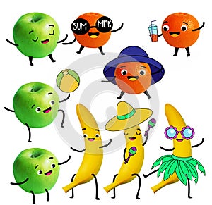 Funny fruits. Tangerine, apple and banana character have summer fun and beach activity