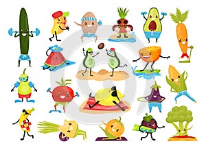 Funny Fruits and Vegetable Doing Sport and Physical Exercise Big Vector Set