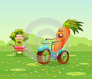 Funny fruits and vegetables cartoon character. Carrot rides in bike by meadow. Cute food characters vector