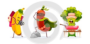 Funny fruits and vegetables cartoon character. Tourist banana with camera and backpack, broccoli chef preparing food, superhero