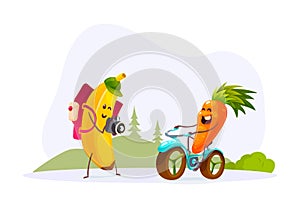 Funny fruits and vegetables cartoon character. Tourist banana with camera and backpack photographs carrot riding bicycle