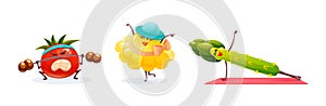 Funny fruits and vegetables cartoon character. Vegetables dancing, doing sports, doing exercise. Cute food characters isolated