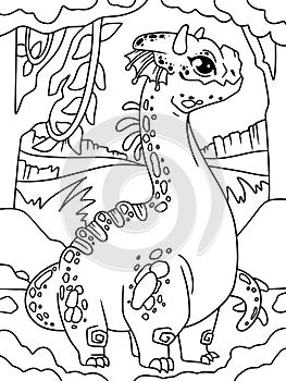 Funny game dragon. Background forest tropics. Children coloring book. Vector.