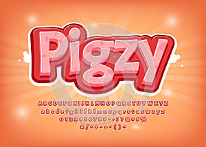 Funny game logo or menu. 3d Pig font, comic style title, text effect, vector pink alphabet. Numbers, symbols