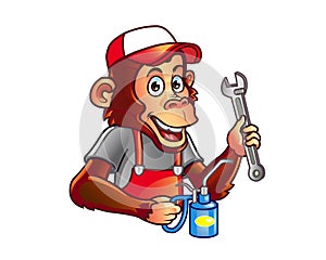 Funny Garage Chimp Holding Wrench and Can of Oil Cartoon Mascot Logo Badge