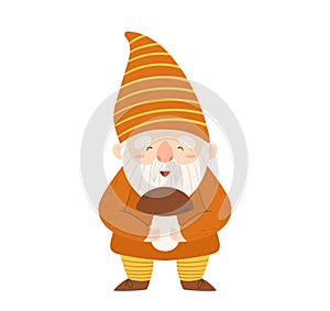 Funny Garden Dwarf Holding Mushroom In Hands. Fairy Tale Gnome Isolated On White Background. Cute Elf or Leprechaun