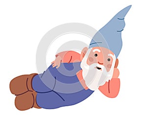 Funny Garden Dwarf Wear Hat and Overalls Lying on Ground Gnome Isolated on White Background. Cute Elf Character