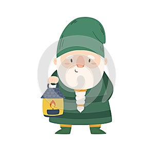 Funny Garden Gnome With Lantern Isolated On White Background. Cute Elf Character Wear Green Cap With Burning Candle Lamp