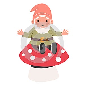 Funny Garden Gnome Sitting on Fly Agaric Mushroom. Fairy Tale Personage Isolated on White Background. Cute Elf Character