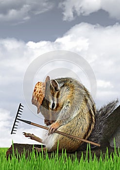 Funny gardener concept, chipmunk with rake and hat