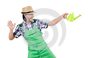 Funny gardener with watering can isolated