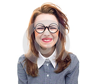 Funny geek or loony girl showing gritted teeth photo