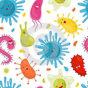 Funny Germs and Bacteria with Cute Face Seamless Pattern Vector Template