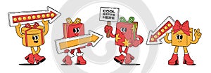 Funny gift box characters holding signs arrows and banner in trendy groovy retro cartoon style.