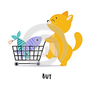 Funny Ginger Cat Buy Fish Walk with Shopping Cart as English Verb for Educational Activity Vector Illustration