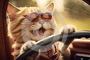 Funny ginger cat driving a car