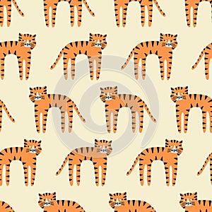Funny ginger cat hand drawn vector illustration. Cute animal character seamless pattern for kids.