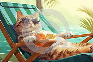 Funny ginger cat sunbathing in sunbed with palms and sea