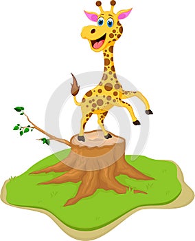 Funny giraffe cartoon on tree stump