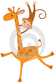 Funny giraffe with monkey