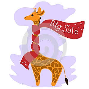 Funny giraffe in a red scarf with the inscription discounts for black friday