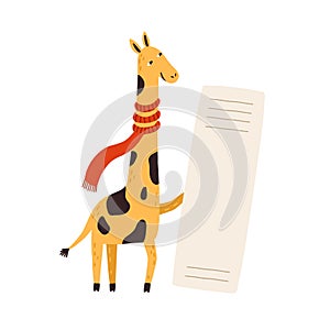 Funny giraffe in scarf holding empty banner. Cute wild animal demonstrating vertical sign or card with place for text