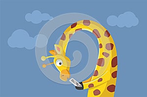 Funny Giraffe Slouching over the Phone Vector Cartoon