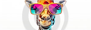 Funny giraffe with sunglasses and rainbow colors isolated on white background.
