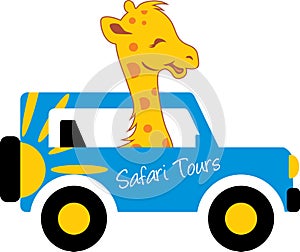 Funny giraffe travels in a jeep. Safari tours