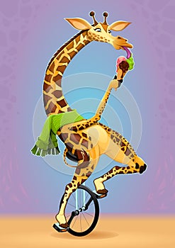 Funny giraffe on an unicycle photo