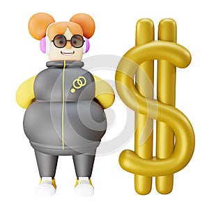 Funny Girl 3D Cartoon Illustration standing beside Dollar Symbol