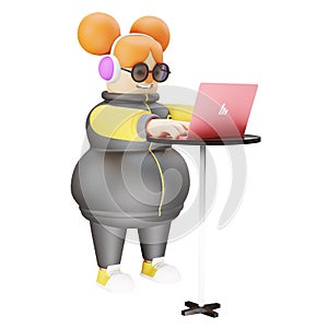 Funny Girl 3D Cartoon Illustration working with a laptop