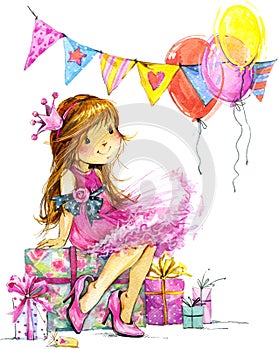 Funny girl and birthday holiday background. watercolor illustration