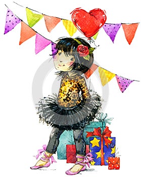 Funny girl and birthday holiday background. watercolor illustration