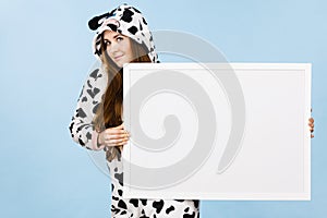 Funny girl with blank empty banner board