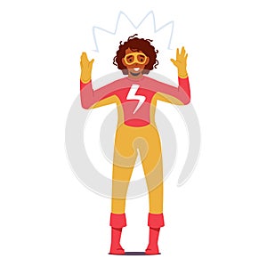 Funny Girl Character Wear Super Hero Costume with Flash Isolated on White Background. Child Superhero Perform on Scene