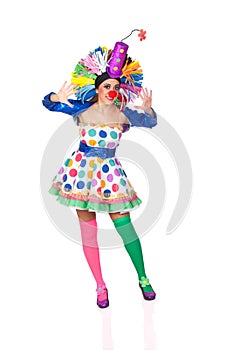 Funny girl clown with a big colorful wig