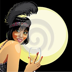 Funny girl with glass of champagne.Moon background