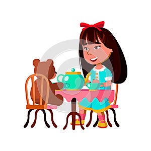 funny girl have tea party with teddy bear cartoon vector